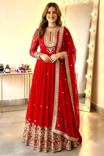 Red georgette embroidered flared gown set