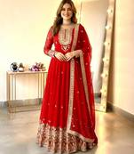 Red georgette embroidered flared gown set