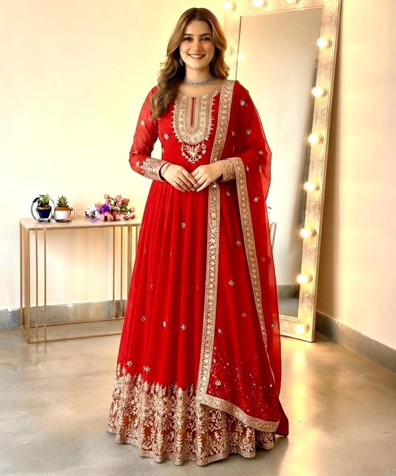 Red georgette embroidered flared gown set