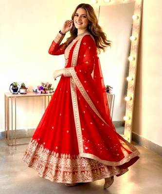 Red georgette embroidered flared gown set 2