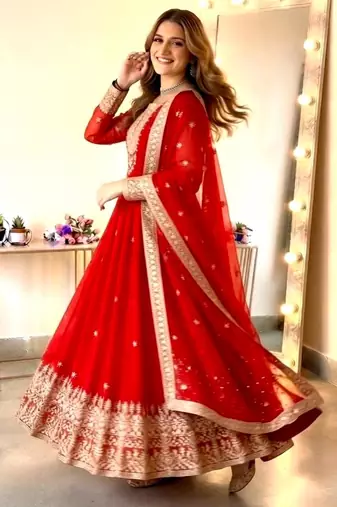Red georgette embroidered flared gown set
