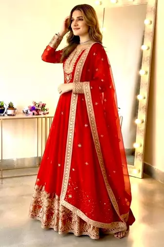 Red georgette embroidered flared gown set