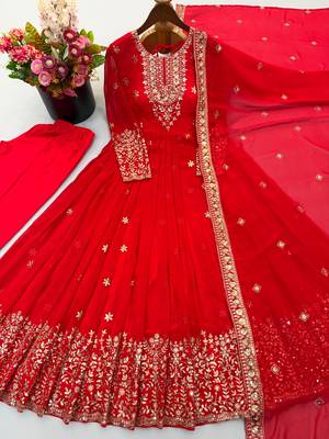 Red georgette embroidered flared gown set 4
