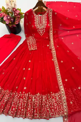 Red georgette embroidered flared gown set