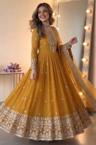 Dark-yellow georgette embroidered flared gown set