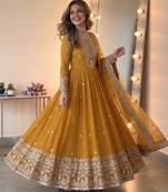 Dark-yellow georgette embroidered flared gown set
