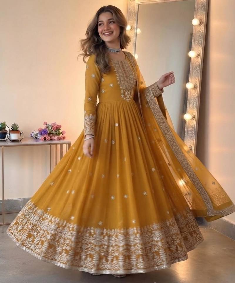 Dark-yellow georgette embroidered flared gown set