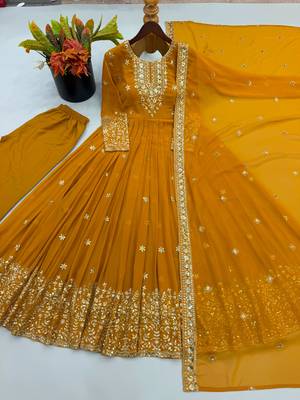 Dark-yellow georgette embroidered flared gown set 2