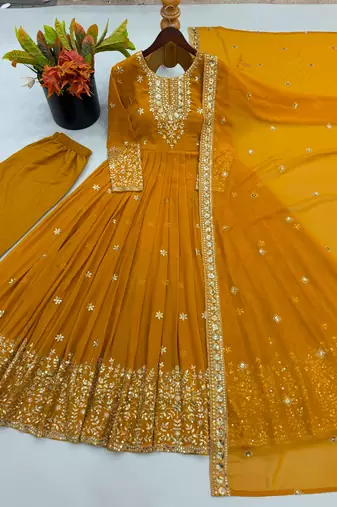 Dark-yellow georgette embroidered flared gown set