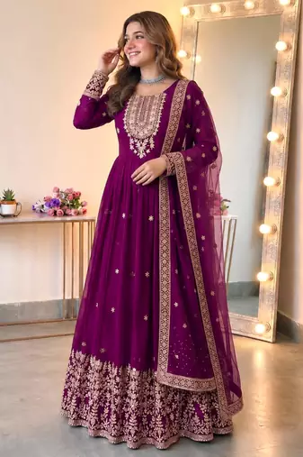 Purple georgette embroidered flared gown set