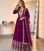 Purple georgette embroidered flared gown set
