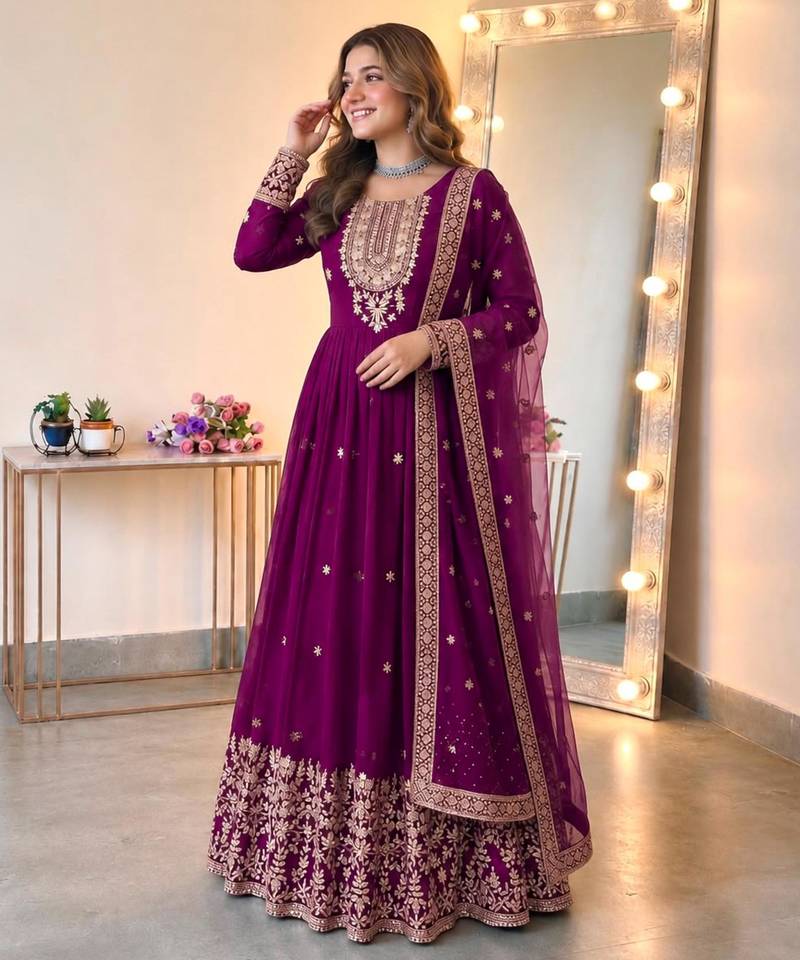 Purple georgette embroidered flared gown set