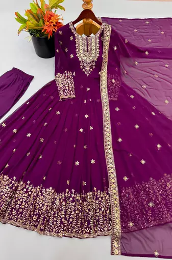 Purple georgette embroidered flared gown set