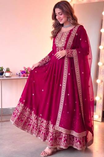 Red georgette embroidered flared gown set