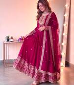 Red georgette embroidered flared gown set