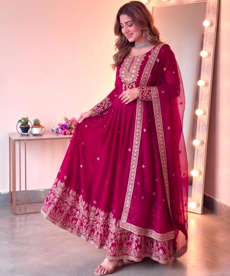 Red georgette embroidered flared gown set