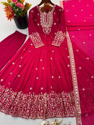 Red georgette embroidered flared gown set 2