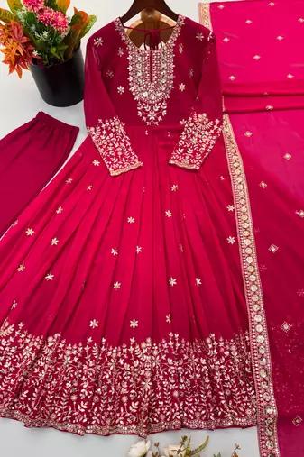 Red georgette embroidered flared gown set