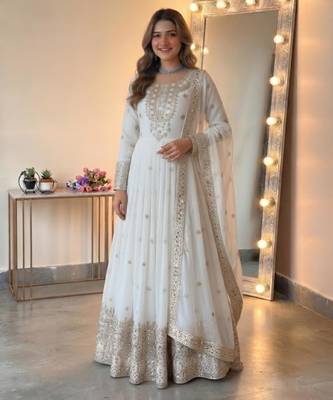 White georgette embroidered flared gown set 1