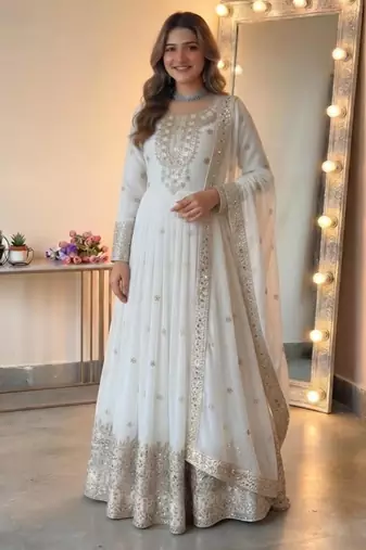 White georgette embroidered flared gown set