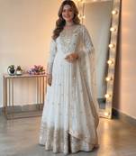 White georgette embroidered flared gown set