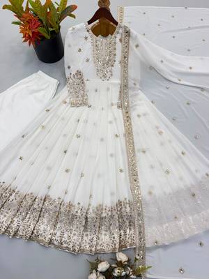 White georgette embroidered flared gown set 2
