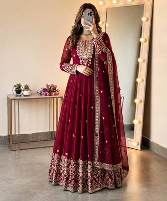Maroon georgette embroidered flared gown set 1
