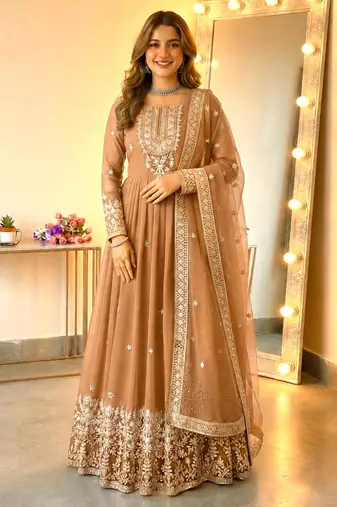 Beige georgette embroidered flared gown set