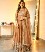 Beige georgette embroidered flared gown set