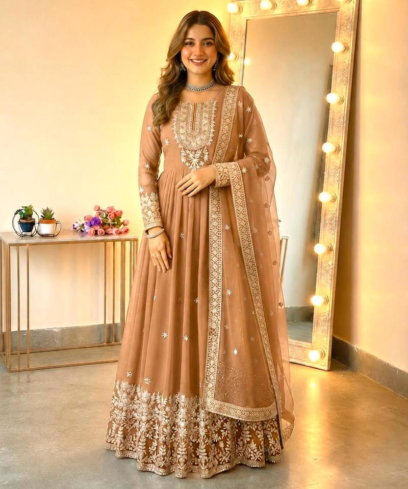Beige georgette embroidered flared gown set