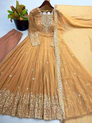 Beige georgette embroidered flared gown set 2