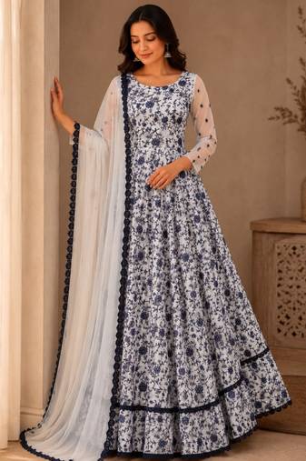 White silk blend embroidered flared gown set