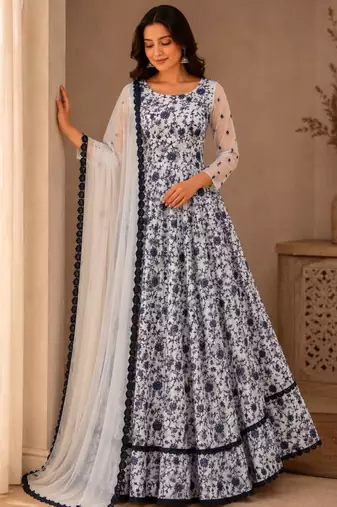 White silk blend embroidered flared gown set