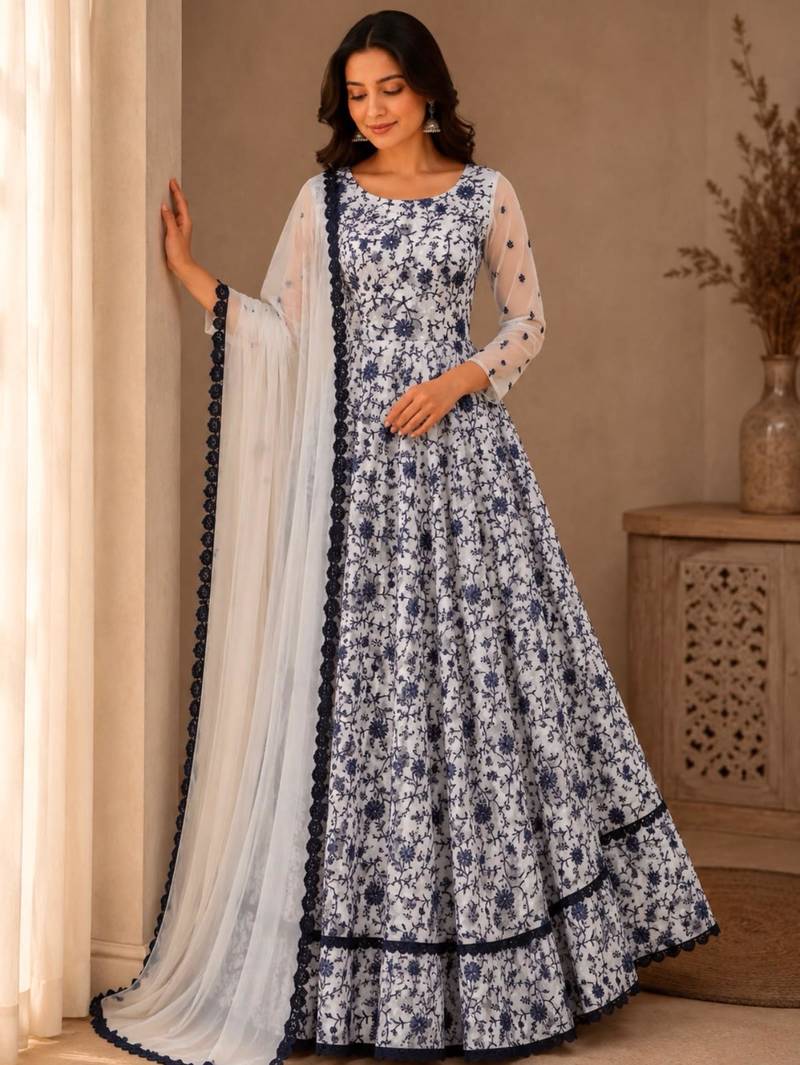 White silk blend embroidered flared gown set