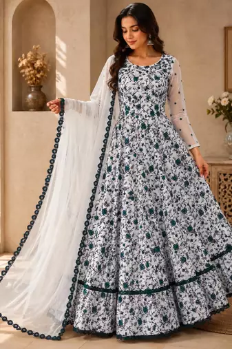 White silk blend embroidered flared gown set