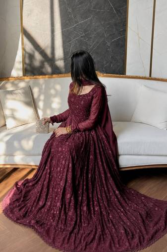 Wine silk blend embroidered flared gown set