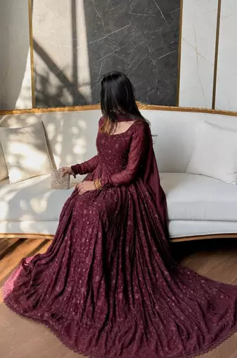 Wine silk blend embroidered flared gown set