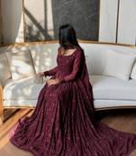 Wine silk blend embroidered flared gown set