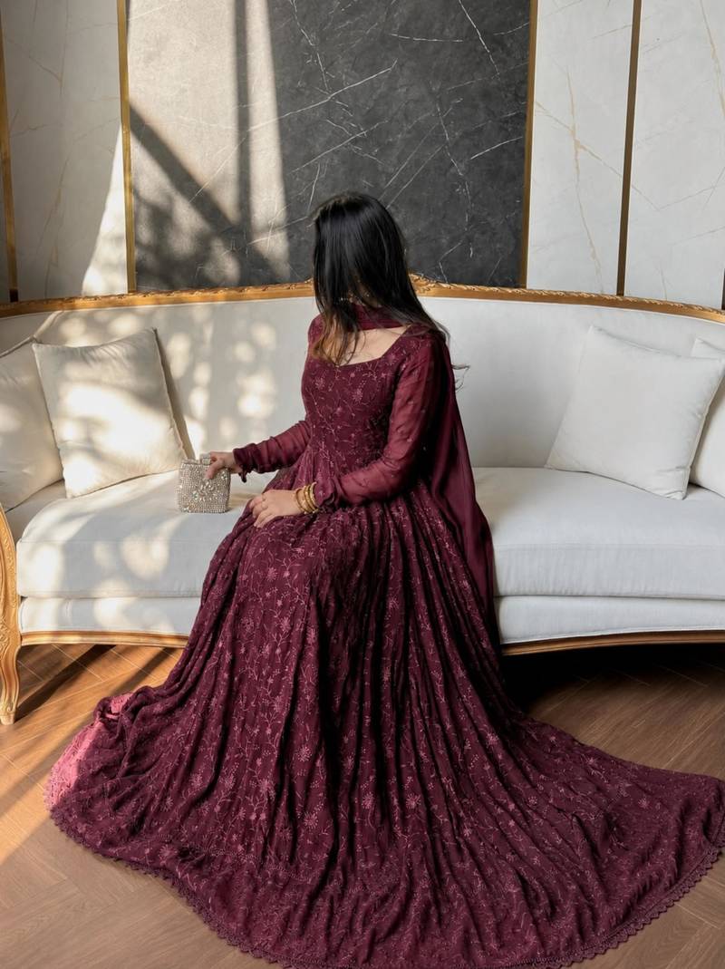 Wine silk blend embroidered flared gown set