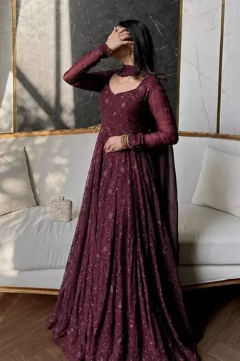 Wine silk blend embroidered flared gown set
