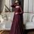 Wine silk blend embroidered flared gown set