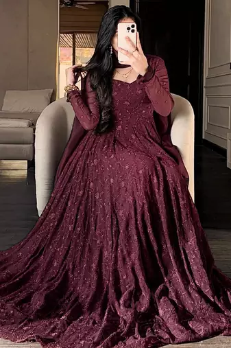 Wine silk blend embroidered flared gown set