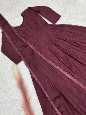 Wine silk blend embroidered flared gown set 4