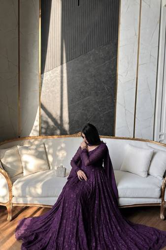 Purple silk blend embroidered flared gown set
