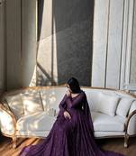 Purple silk blend embroidered flared gown set