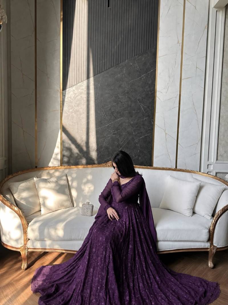 Purple silk blend embroidered flared gown set