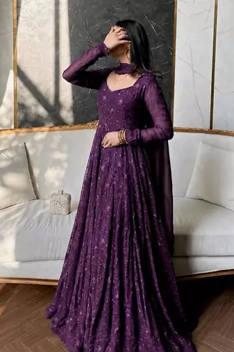 Purple silk blend embroidered flared gown set