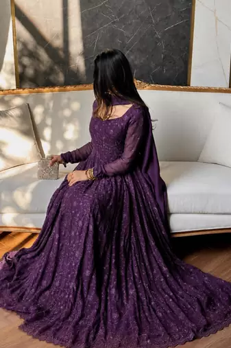 Purple silk blend embroidered flared gown set