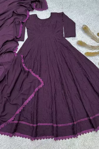 Purple silk blend embroidered flared gown set