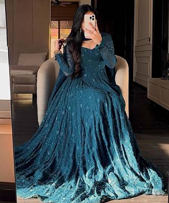Teal silk blend embroidered flared gown set 1